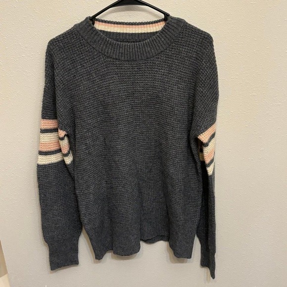 Faherty Wool Blend Gray Knit Sweater Crewneck Striped Pink Sleeve Comfy Medium - Picture 1 of 5